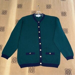 Scotland Edinburgh Lambswool Navy/Green Elegant Warm V-Neck Cardigan Sweater